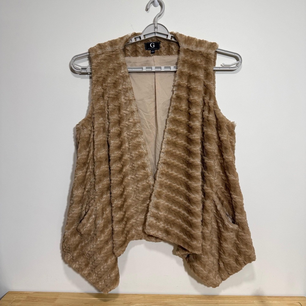 G by Giuliana Tan Faux Fur Draped Vest Old Money Cozy Pockets Women's Sz Large